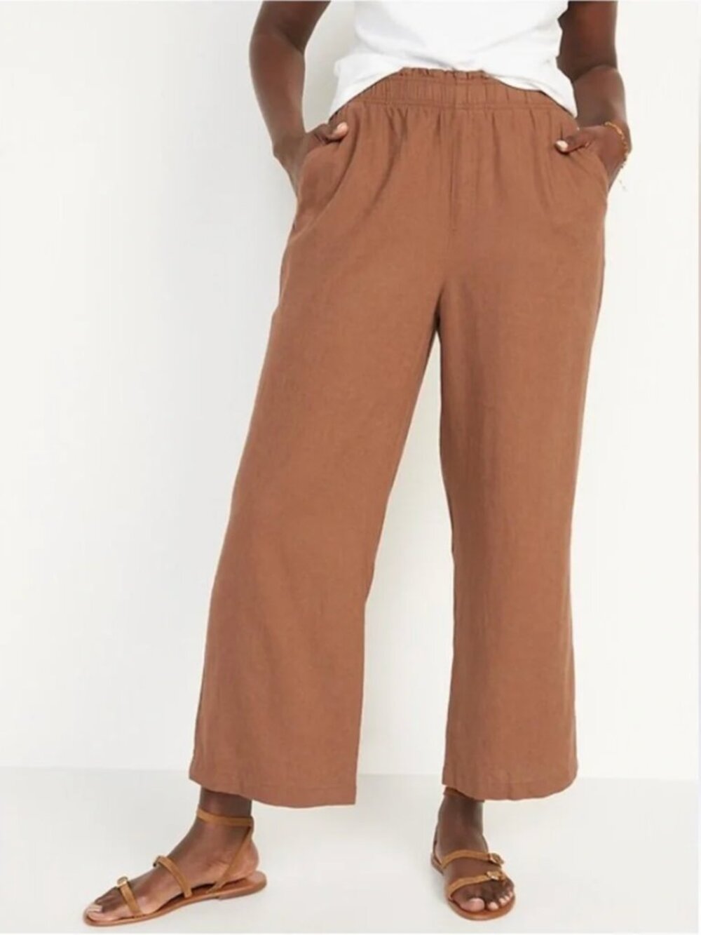 Old Navy High Rise Lettuce Waist Linen Blend Wide Leg Crop Pants 2X Brown